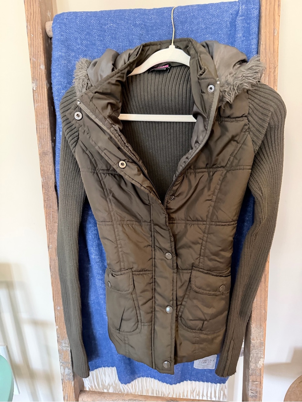 Say What? Olive Hooded Quilted Puffer with Knit Sleeves and back